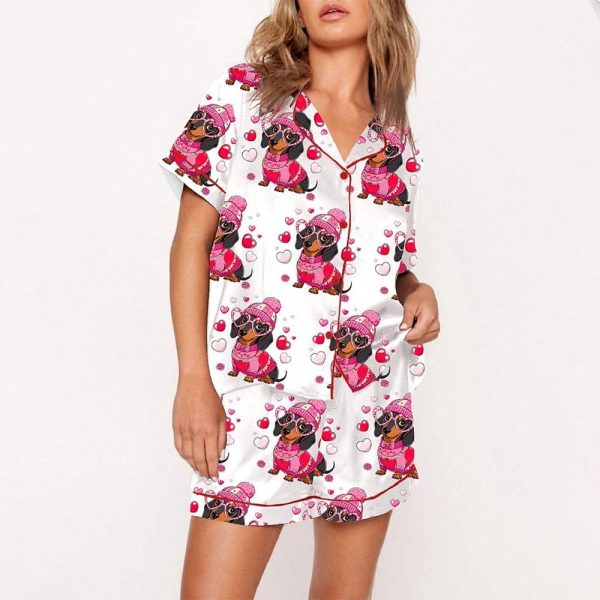 Womens Dachshund Valentine Satin Pajama Set 2