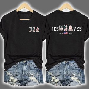 Vintage USA Jesus Saves Two-Sided Printed V-Neck T-shirt