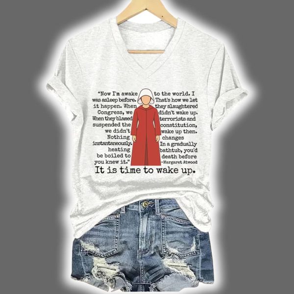Retro It Is Time To Wake Up Print V Neck Shirt 2