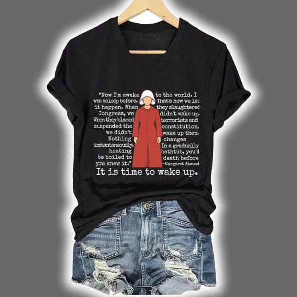 Retro It Is Time To Wake Up Print V Neck Shirt 3