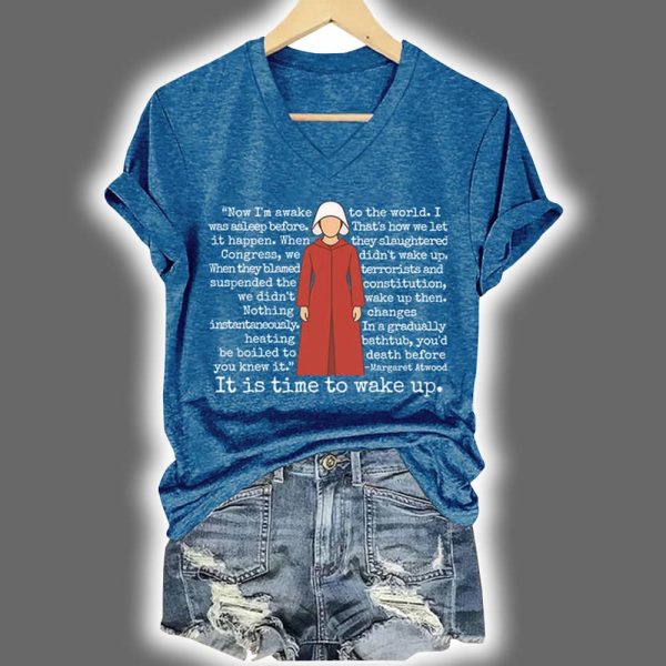 Retro It Is Time To Wake Up Print V Neck Shirt 4