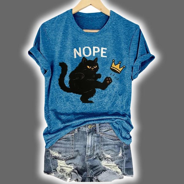 Retro No Kings In America Cat Crown Nope Print T-Shirt