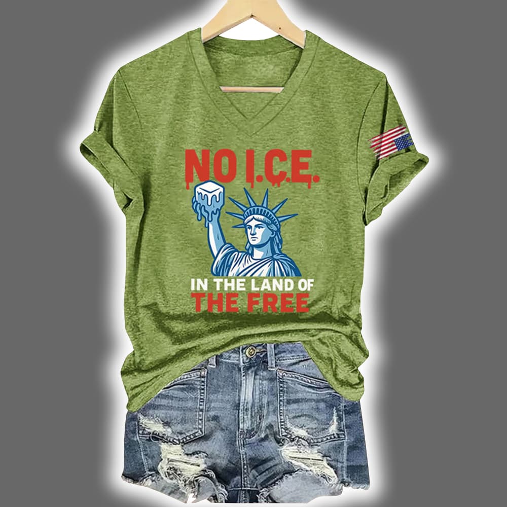 V-Neck Retro 4th Of July No Ice In The Land Of The Free Print T-Shirt V-Neck Retro 4th Of July No Ice In The Land Of The Free Print T-Shirt