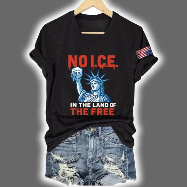 V Neck Retro 4th Of July No Ice In The Land Of The Free Print T Shirt 2