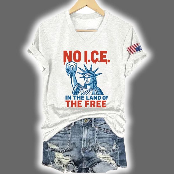 V Neck Retro 4th Of July No Ice In The Land Of The Free Print T Shirt 3