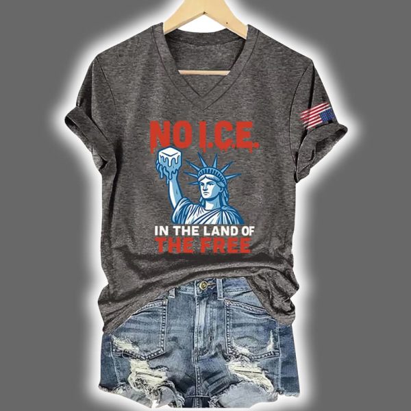 V Neck Retro 4th Of July No Ice In The Land Of The Free Print T Shirt 4