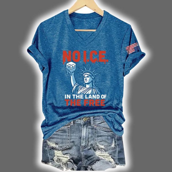 V Neck Retro 4th Of July No Ice In The Land Of The Free Print T Shirt 5