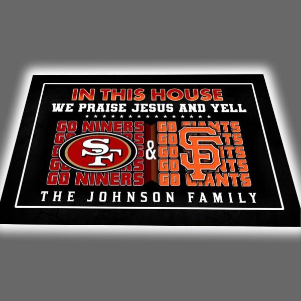 49ers x Giants We Praise Jesus And Yell Doormat Customized Doormat 1