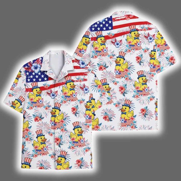 American USA Flag Rubber Duck Floral Hawaiian Shirt