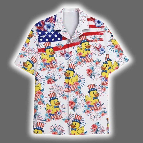 American USA Flag Rubber Duck Floral Hawaiian Shirt 2
