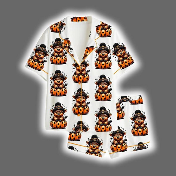 Cute Highland Cow Halloween Pumpkin Spooky Season Satin Pajama Set