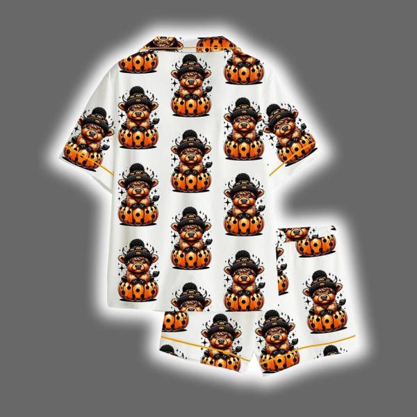 Cute Highland Cow Halloween Pumpkin Spooky Season Satin Pajama Set 2