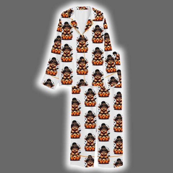 Cute Highland Cow Halloween Pumpkin Spooky Season Satin Pajama Set 3