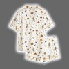 Dancing Skeleton Halloween Autumn Fall Leaves Pumpkin Boho Halloween Satin Pajama Set 2