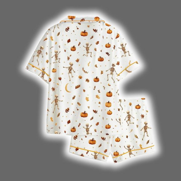 Dancing Skeleton Halloween Autumn Fall Leaves Pumpkin Boho Halloween Satin Pajama Set 2