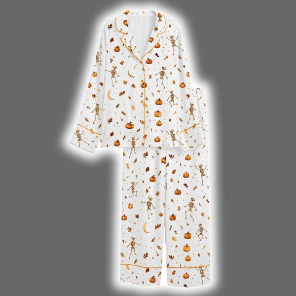 Dancing Skeleton Halloween Autumn Fall Leaves Pumpkin Boho Halloween Satin Pajama Set 3