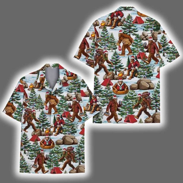 Funny Bigfoot Christmas Sasquatch Camping Holiday Aloha Hawaiian Shirt