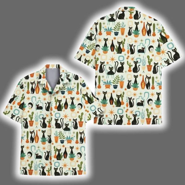 Retro Black Cat Mid-Century Modern Plant Hawaiian Shirt