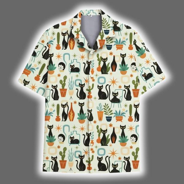 Retro Black Cat Mid Century Modern Plant Hawaiian Shirt 2
