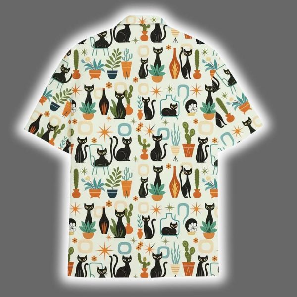 Retro Black Cat Mid Century Modern Plant Hawaiian Shirt 3
