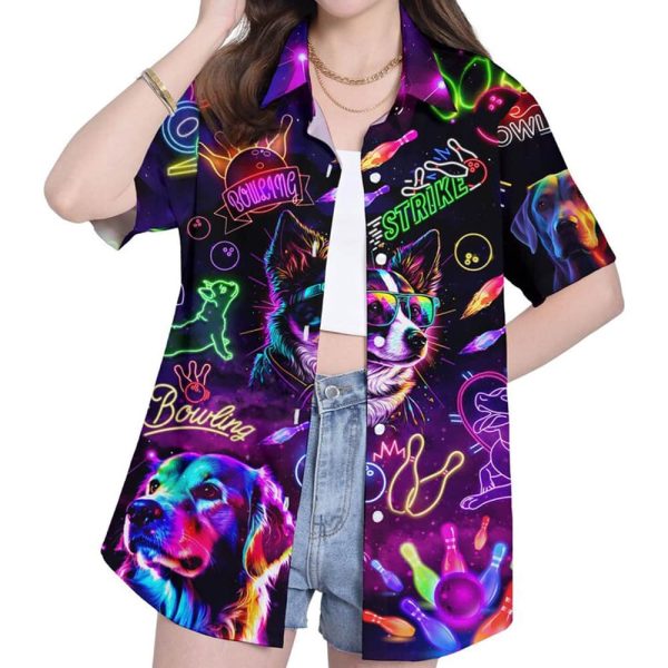 Retro Neon Space Dog Bowling Hawaiian Shirt