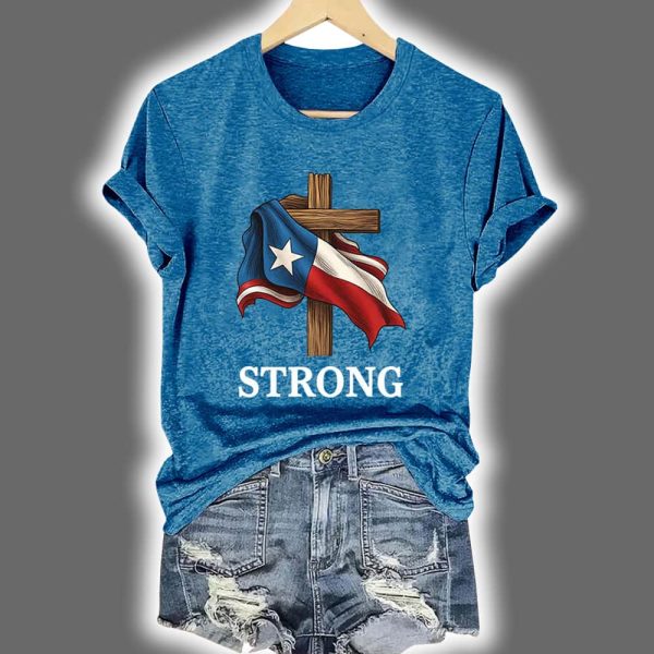 Retro Texas Strong Faith Cross Print T Shirt 4