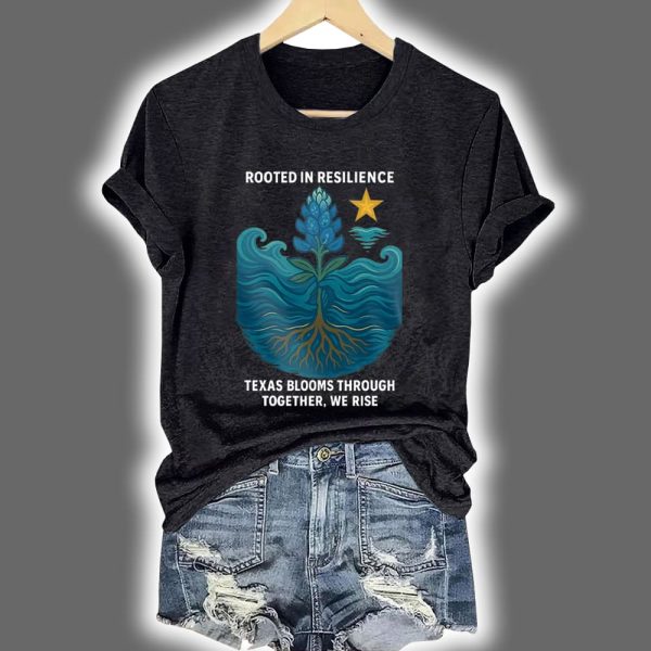 Retro Texas Strong Rooted In Resilience Texas Blooms Through Together We Rise Print T Shirt 2