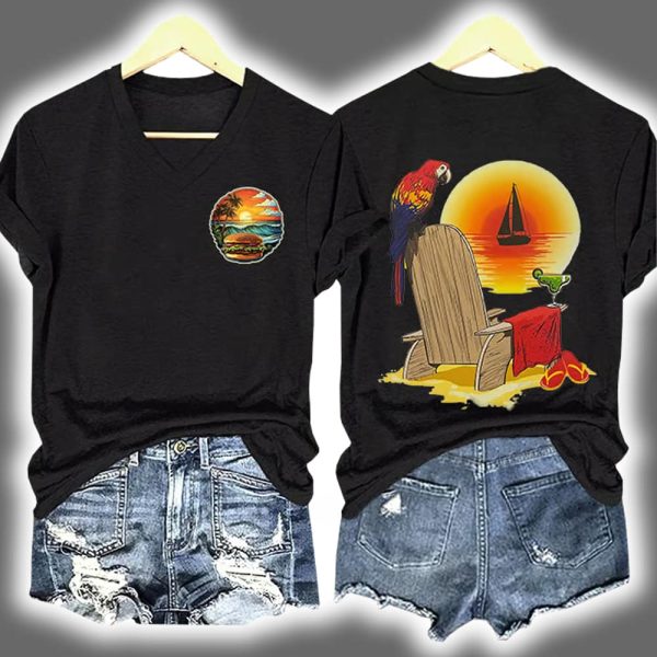 Retro Vacation Cheeseburger Paradise Parrot Margarita Two Sided Shirt 4