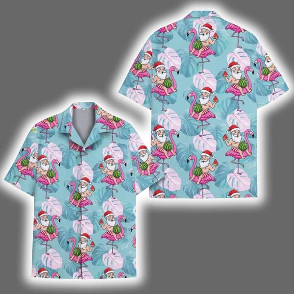Santa Flamingo Enjoy Time Aloha Hawaiian Shirt