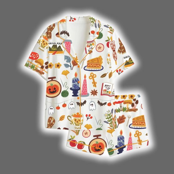 Spooky Halloween Autumn Candle Coffee Cake Mushroom Wool Scarf Pumpkin Bat Satin Pajama Set