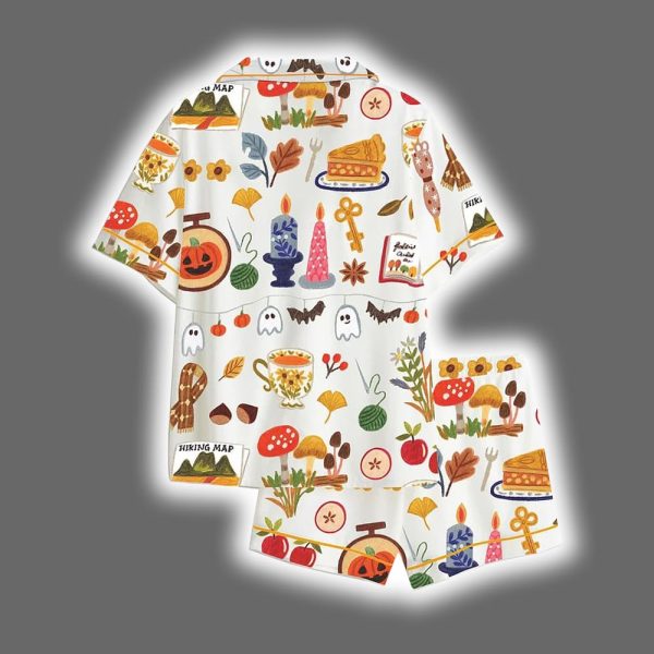 Spooky Halloween Autumn Candle Coffee Cake Mushroom Wool Scarf Pumpkin Bat Satin Pajama Set 2