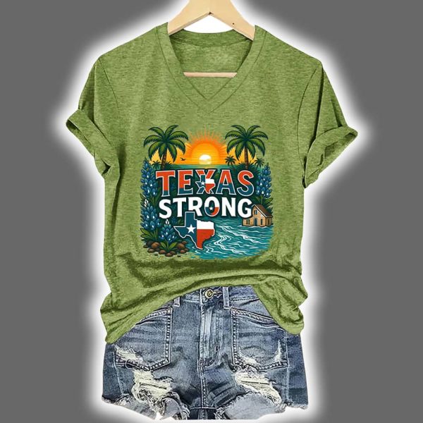 V-Neck Retro Texas Strong Palm Trees Print T-Shirt