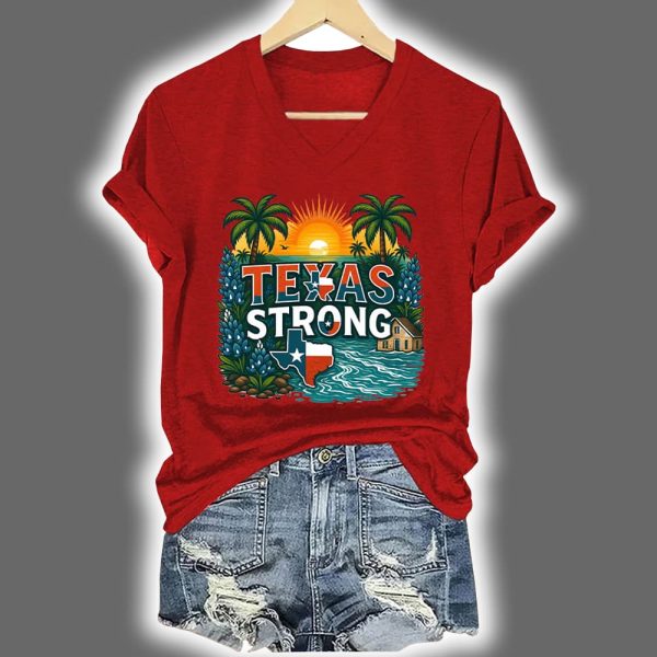 V Neck Retro Texas Strong Palm Trees Print T Shirt 2
