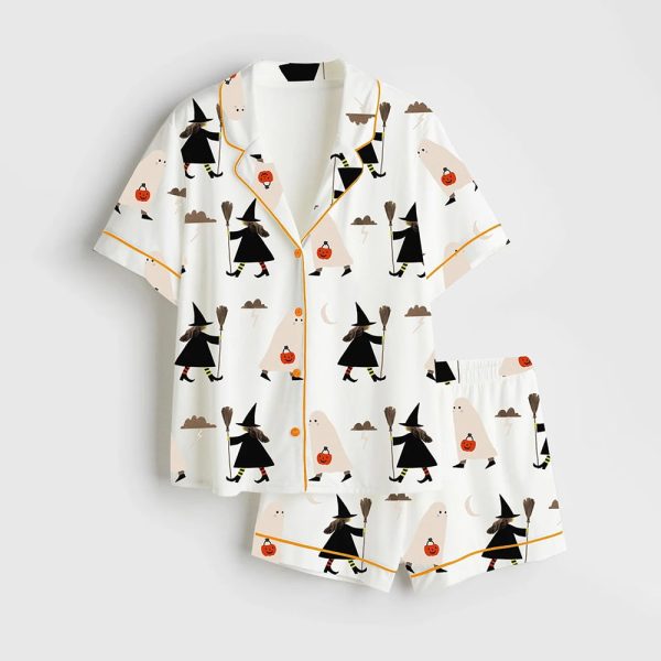 A Witch Holding A Broom And A Ghost Holding A Pumpkin Halloween Satin Pajama Set