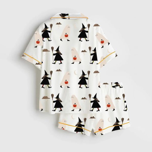 A Witch Holding A Broom And A Ghost Holding A Pumpkin Halloween Satin Pajama Set 2