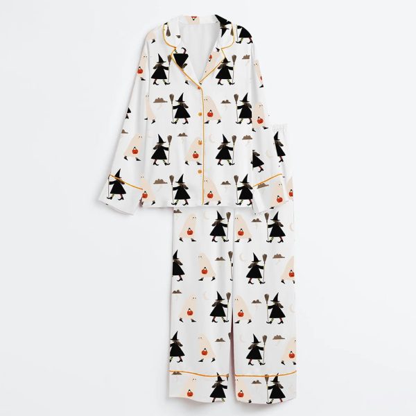 A Witch Holding A Broom And A Ghost Holding A Pumpkin Halloween Satin Pajama Set 3