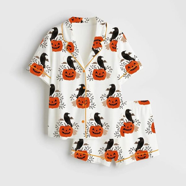 Halloween Raven Black Crow On Pumpkin Satin Pajama Set