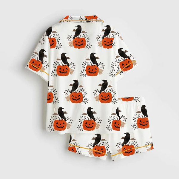 Halloween Raven Black Crow On Pumpkin Satin Pajama Set 2