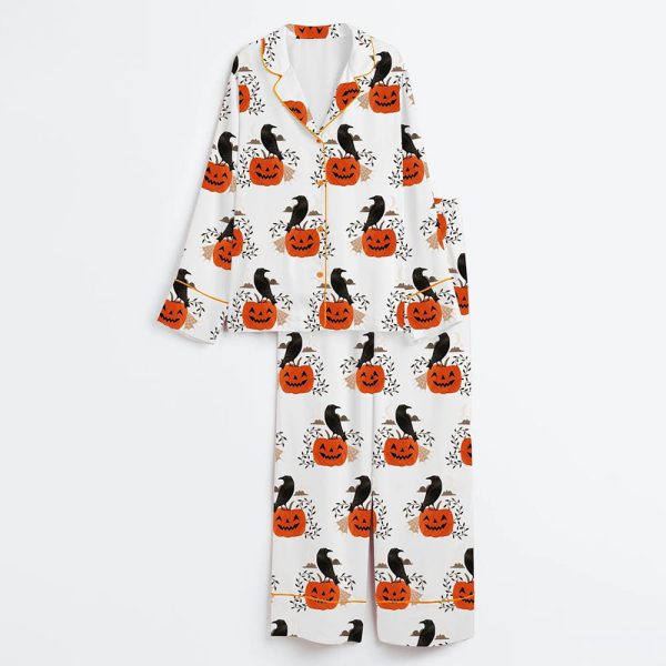 Halloween Raven Black Crow On Pumpkin Satin Pajama Set 3