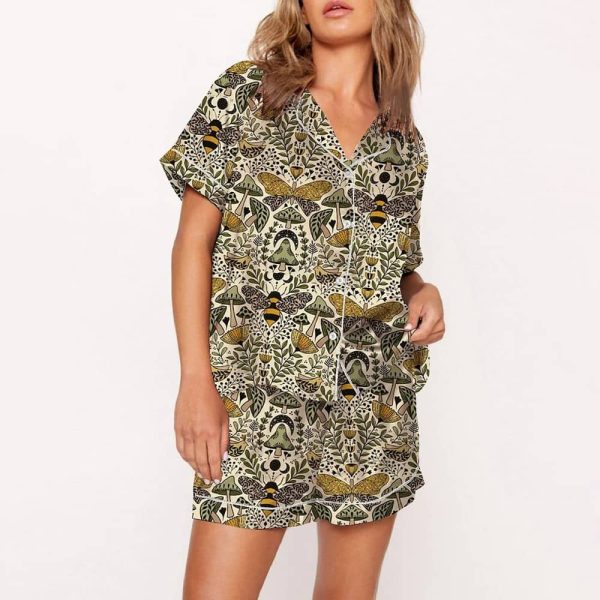 Large Scale Natural Habitat of Bees and Moths Wild Grass And Flowers Satin Pajama Set 2