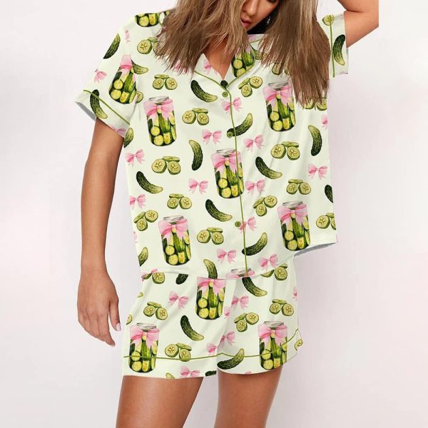 Pickles Coquette Cute Bow Pickle Jar Print Satin Pajama Set