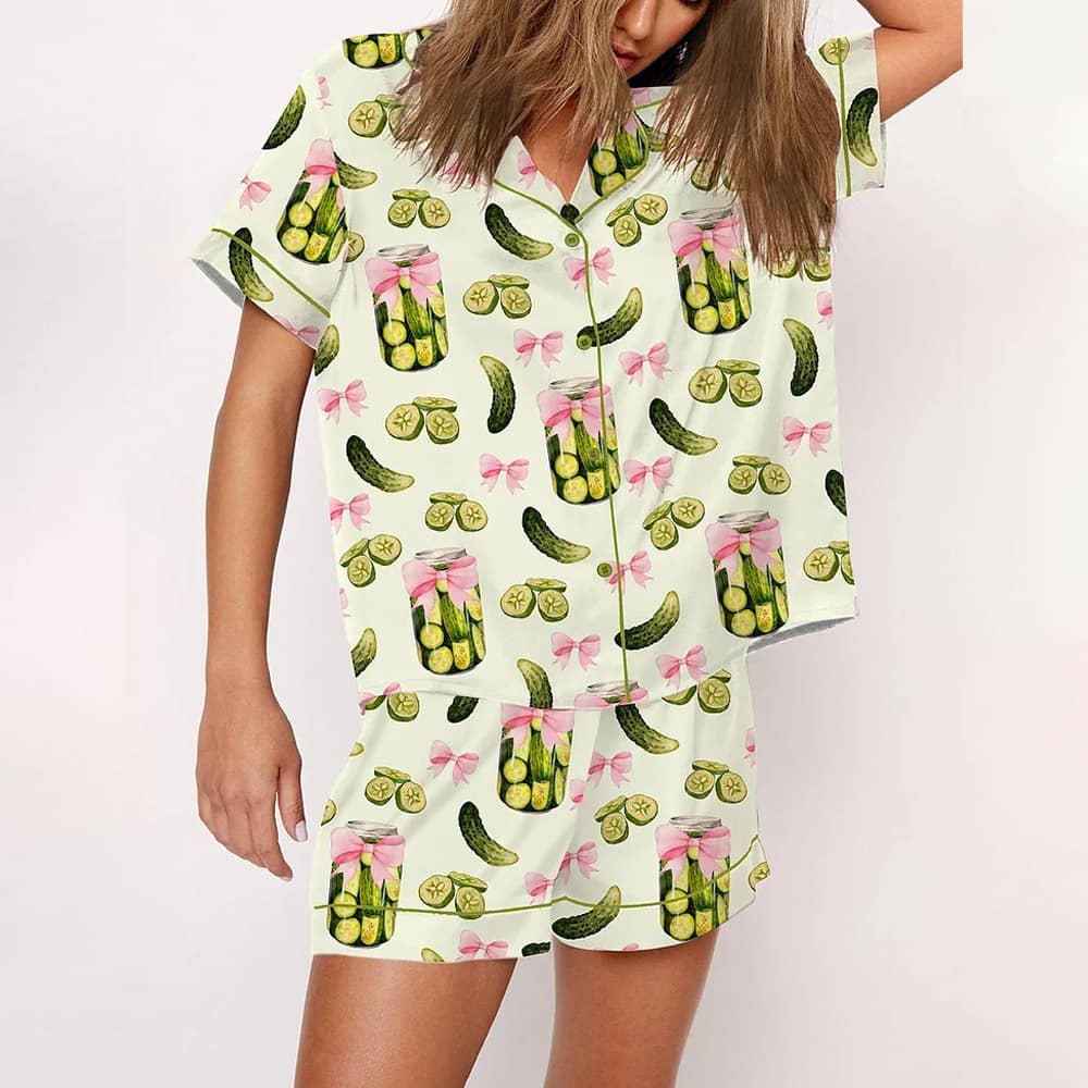 Pickles Coquette Cute Bow Pickle Jar Print Satin Pajama Set Pickles Coquette Cute Bow Pickle Jar Print Satin Pajama Set