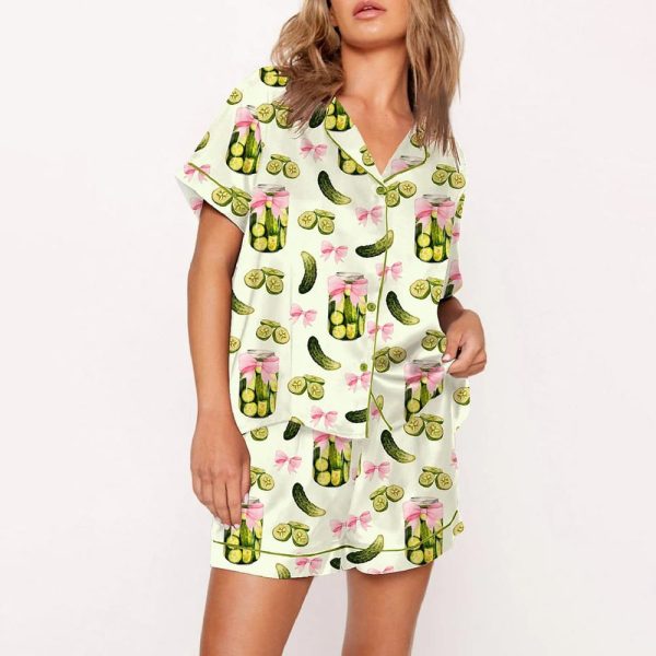 Pickles Coquette Cute Bow Pickle Jar Print Satin Pajama Set 2
