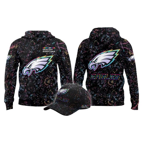 2025 Eagles Crucial Catch Intercept Cancer Hoodie Cap 2