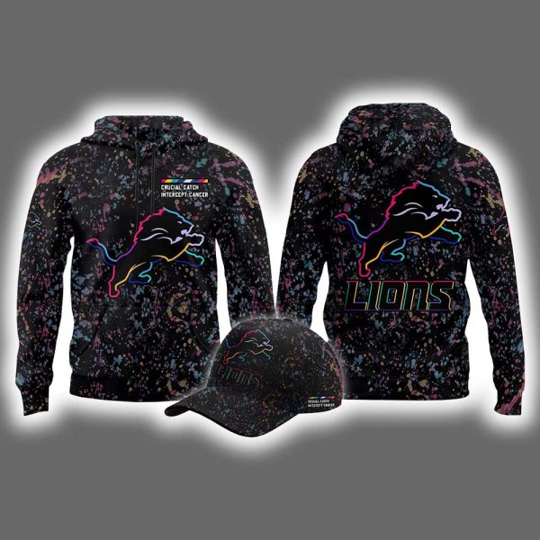 2025 Lions Crucial Catch Intercept Cancer Hoodie Cap