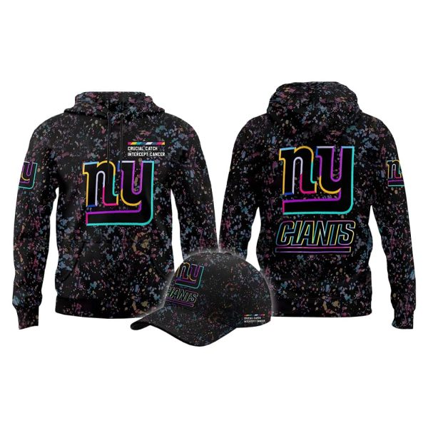 2025 NY Giants Crucial Catch Intercept Cancer Hoodie Cap 2