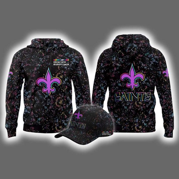 2025 Saints Crucial Catch Intercept Cancer Hoodie Cap