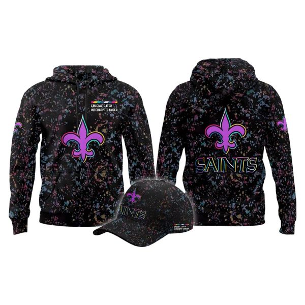 2025 Saints Crucial Catch Intercept Cancer Hoodie Cap 2