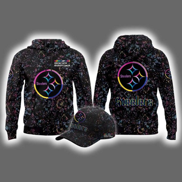 2025 Steelers Crucial Catch Intercept Cancer Hoodie Cap
