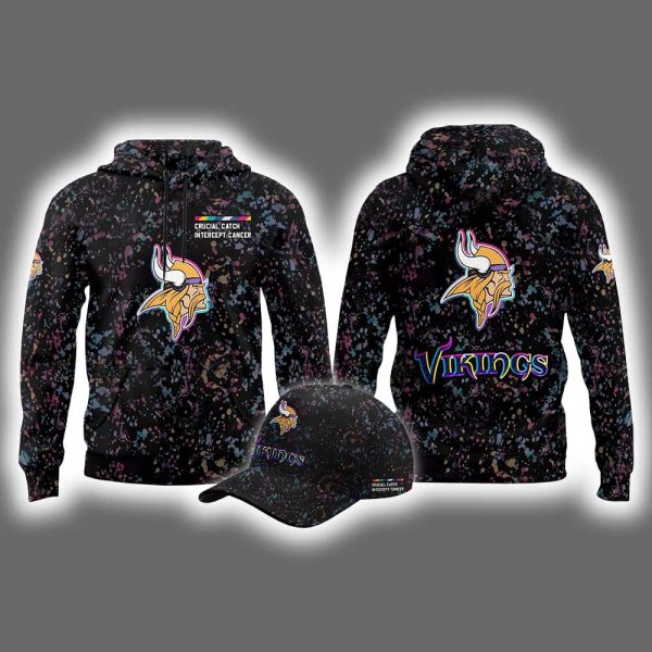 2025 Vikings Crucial Catch Intercept Cancer Hoodie Cap